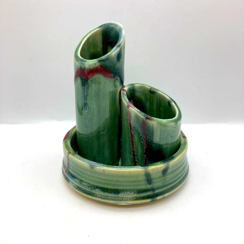 Rare Earth Pottery Signed 2 Tiered Vase Or Office Pen Pencil Holder Green Red